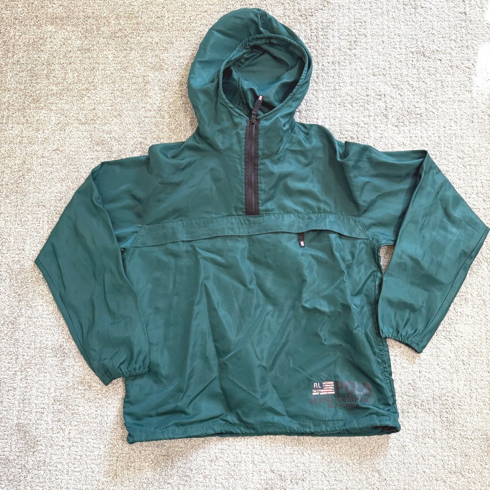 Vintage Polo Jeans Ralph Lauren Green Nylon Windbreaker Hoodie Jacket‎ Medium